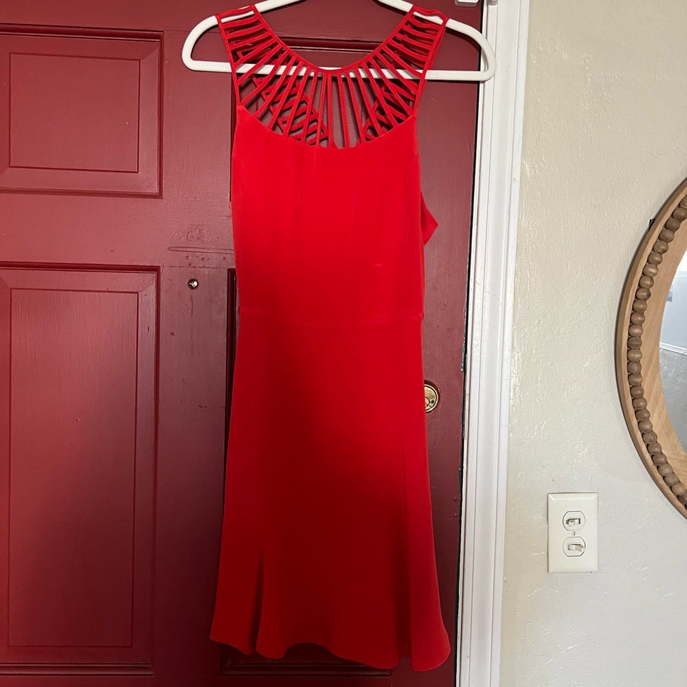 Parker red fit and flare dress.